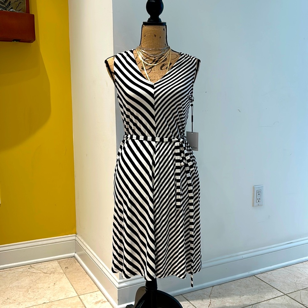 Calvin Klein black and white striped v neck midi sundress
